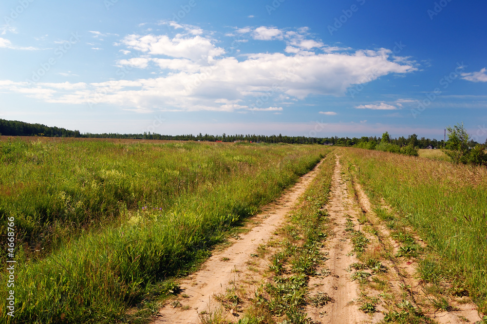  Bright canicular day. Road through the field. Dark blue sky.