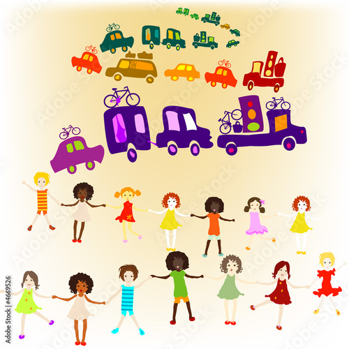 caravan, group of kids playing