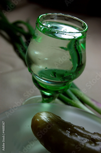 glass of vodka with pickled cucumber and spring onion photo