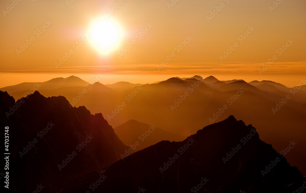 sunset over mountains in High Tatras, Slovakia