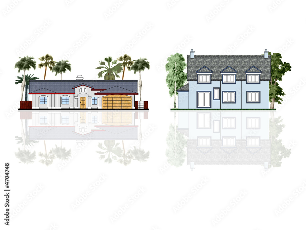 Different houses, isolated, with reflections