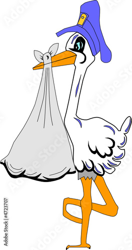 stork with newborn baby bag