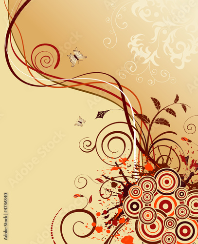 Grunge paint flower background with butterfly, vector