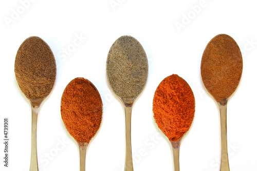 five spoons with various spices