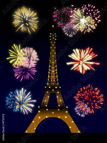 Feu d'artifice derrière la Tour Eiffel illuminée - Illustration