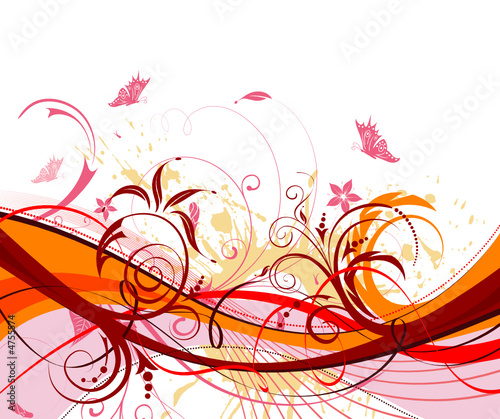 Grunge paint flower background with butterfly, vector