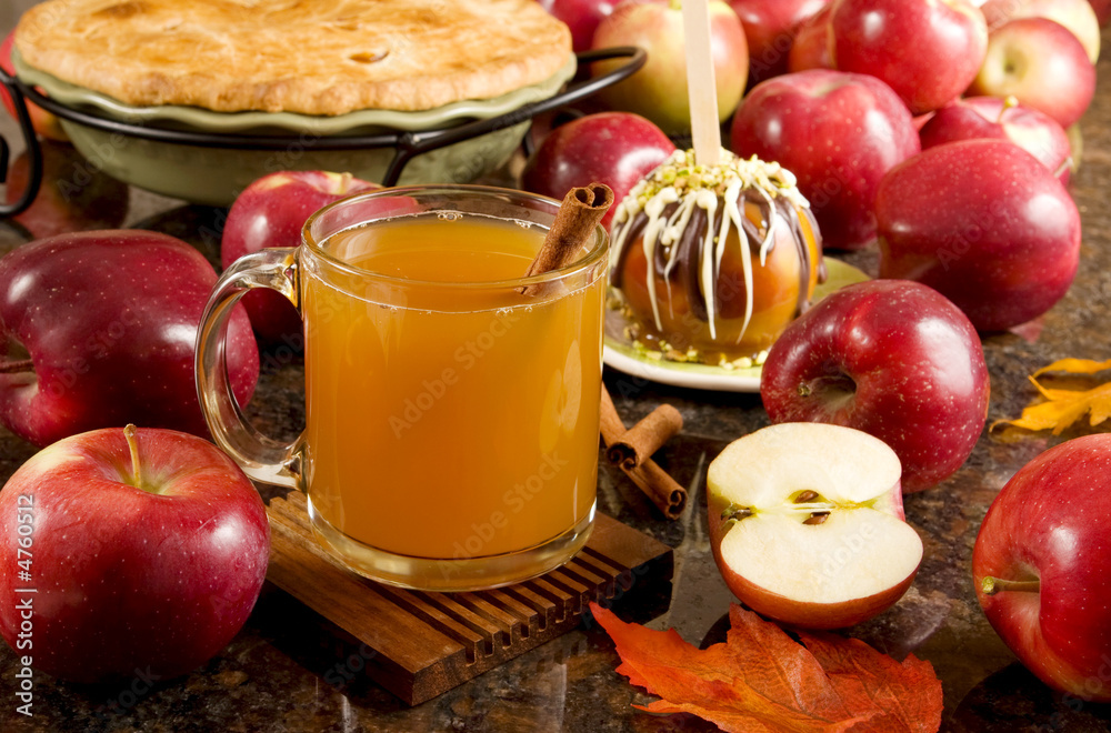 Apple cider, caramel apple and apple pie