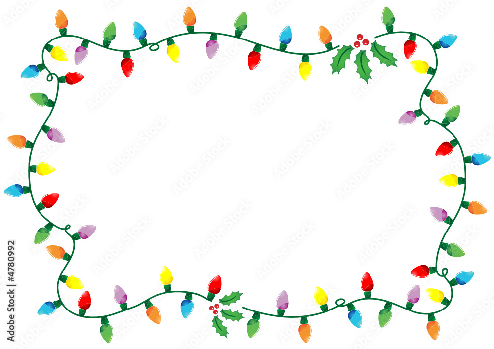 Frame made of Christmas lights and holly over white background