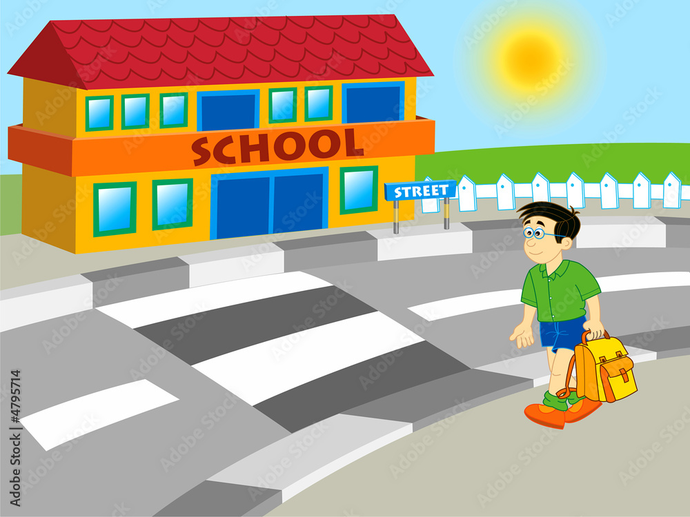Obraz premium chłopiec idzie do szkoły - ilustracja kreskówka