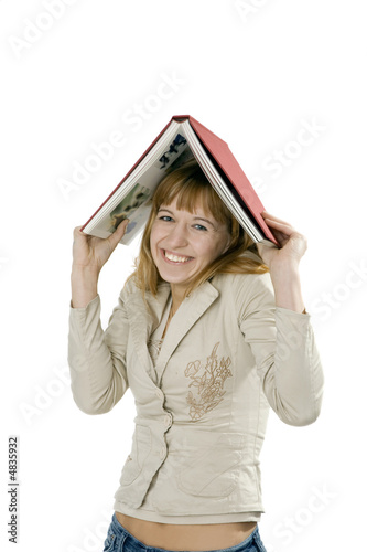 Young woman reading book white background
