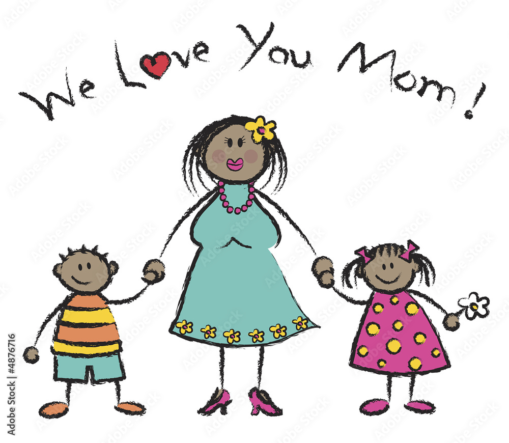 WE LOVE YOU MOM cartoon dark skin tone family Stock Illustration | Adobe  Stock