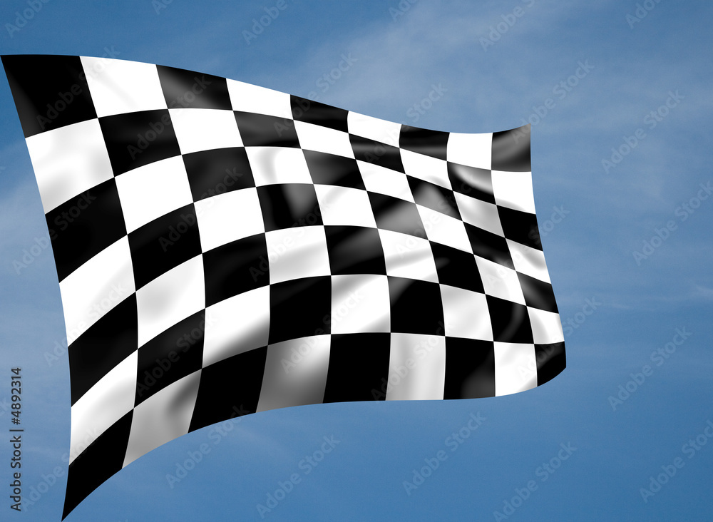 Rippled black and white chequered flag with sky background