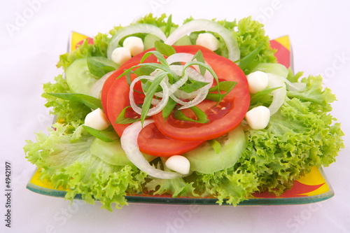Fresh salad with onion tomato and basil