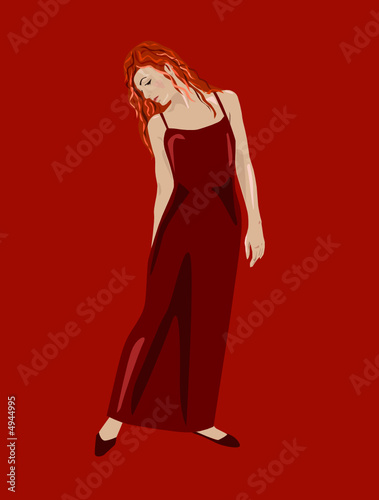 Pensive girl in simple red dress walking