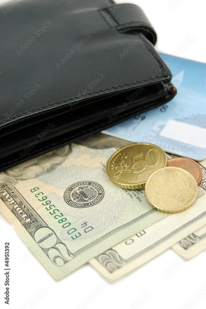 black wallet, visa card, cents and 20 dollars black wallet, visa card, cents and 20 dollars