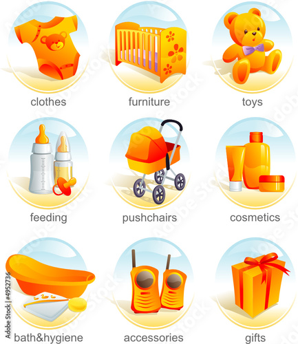Icon set - baby shopping, clothes, furniture, toys, pushchairs
