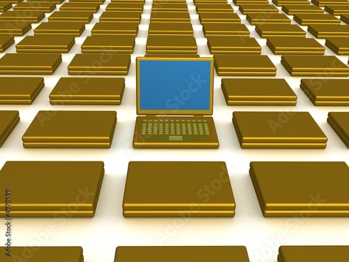 One open laptop among close...