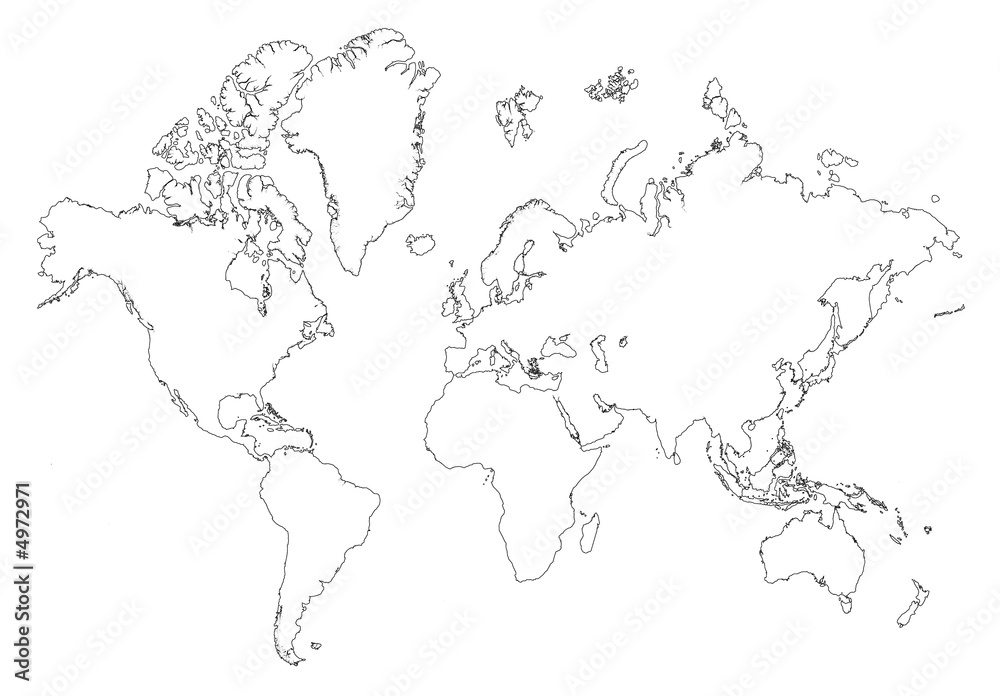 Detailed b/w map of the world.