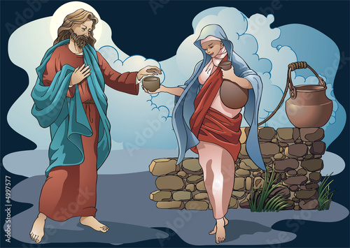 Samaritan gives water to the Christ