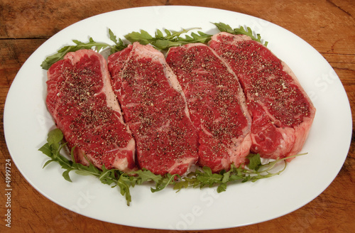 platter of raw steaks with garnish