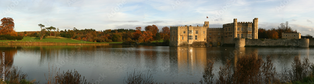 Panoramic view of English castle and moat