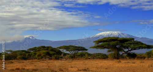 Kilimanjaro Tanzania snow capped under cloudy blue skies captured whist on safari in Africa Kenya. #5003783