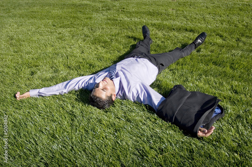 Businessman lying on grass
