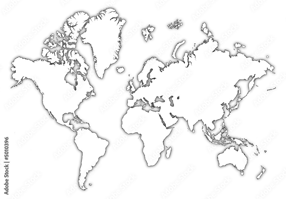 Detailed b/w map of the world with shadow