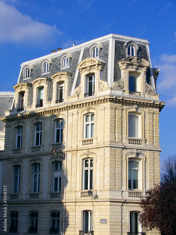Fine façade de pierre ensoleillée, Paris, France
