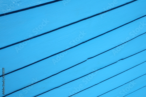 Blue wooden boat hull close up.
