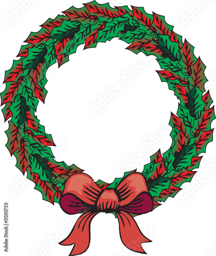 Green holly leaves with ribbon garland on white background.