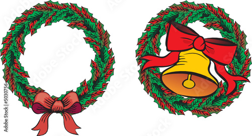 Green holly leaves and bell with ribbon garland 