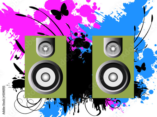 Vector - 3D music speakers against a grunge ink splat