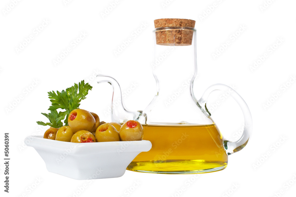Oilcan and olives with parsley Oilcan and olives with parsley