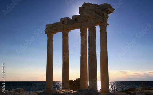 Great Sunset view over the Side Roman Arches and the ocean