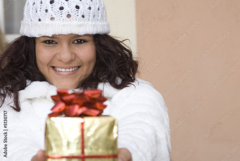 happy, smiling girl with christmas or birthday gift, present happy, smiling girl with christmas or birthday gift, present