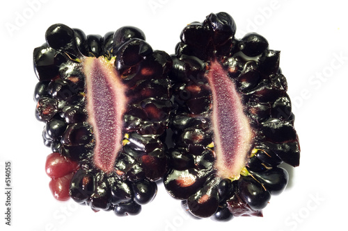 Half-cut blackberry macro close-up with white background 1