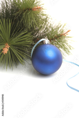 Dark blue New Year's sphere and pine branch