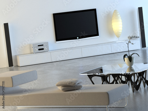 White interior with plasma TV