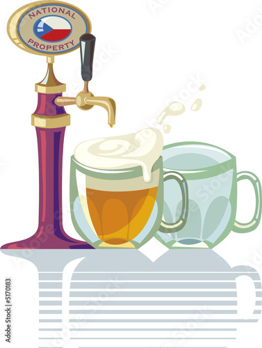 Two beer glasses. One glass is full of frothed up beer.