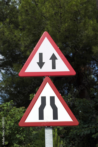 Narrow passage and arrows – Sign on the road.