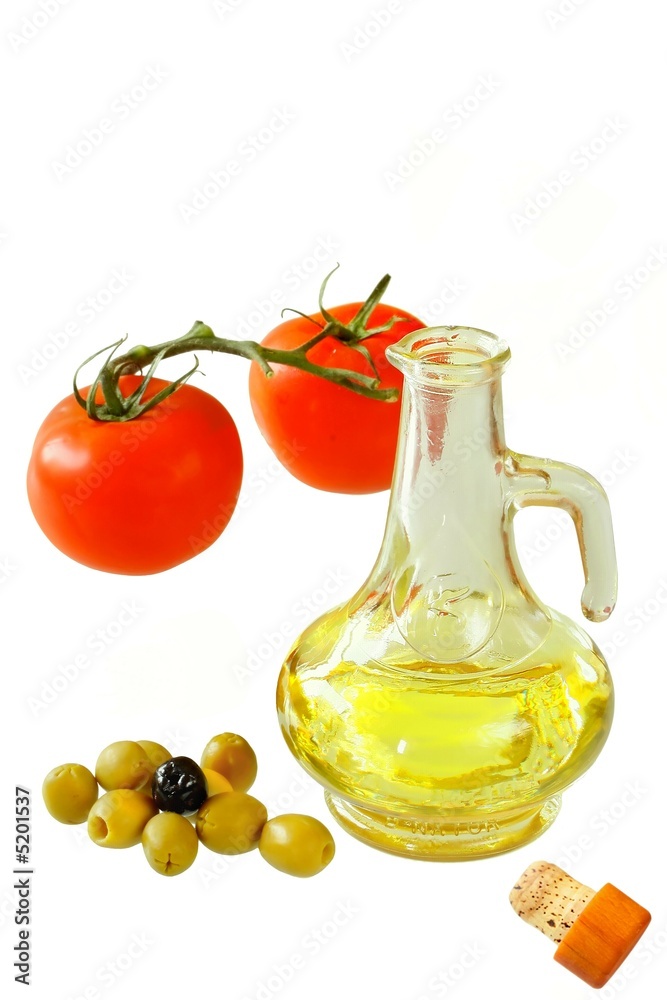 Extra-virgin olive oil and greens olives on white background Extra-virgin olive oil and greens olives on white background