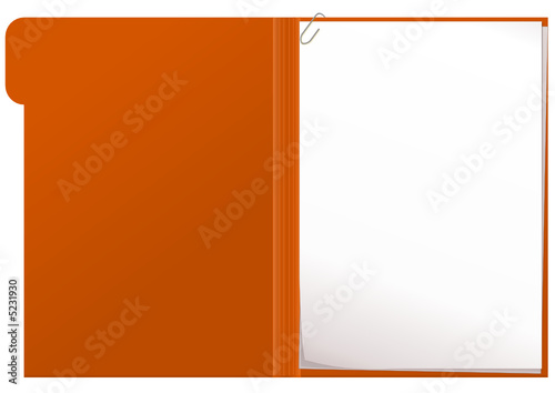 Dossier orange ouvert et feuille de papier vierge