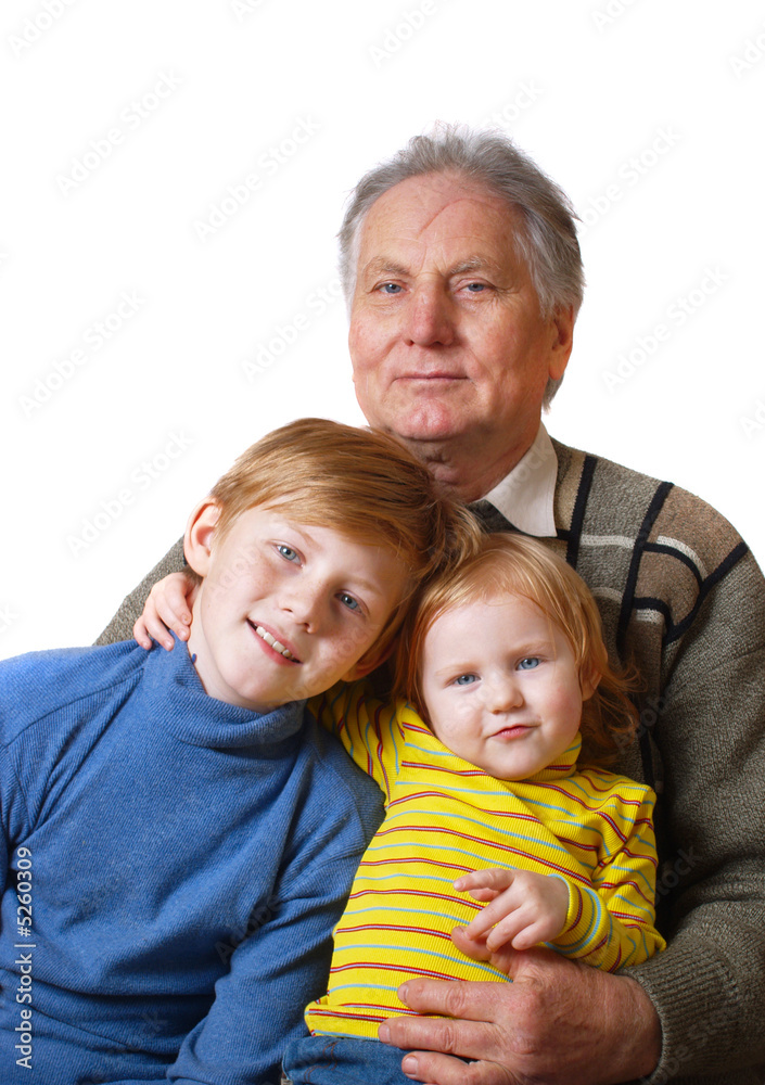 boy and girl with grandfather isolated on white boy and girl with grandfather isolated on white