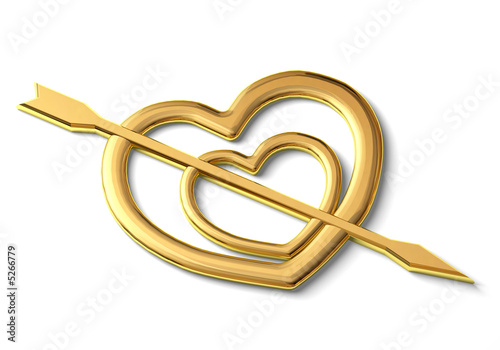 Two gold hearts punched by an arrow