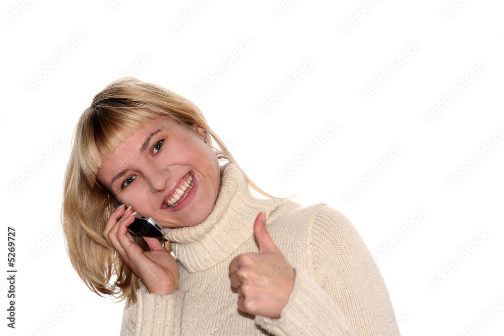 Smiling girl with mobile phone with good idea gesture Smiling girl with mobile phone with good idea gesture