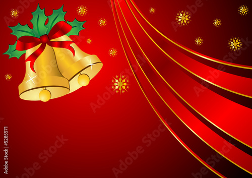 Christmas bells ornamented with holly and ribbon over red