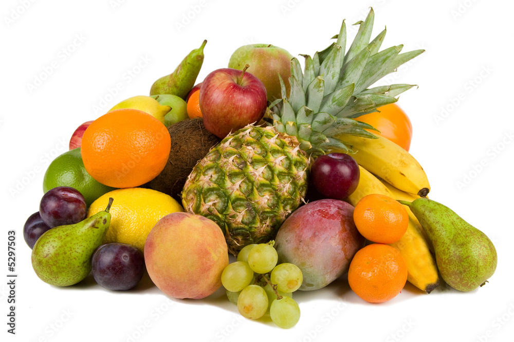 Pile of different fruits isolated on white Pile of different fruits isolated on white