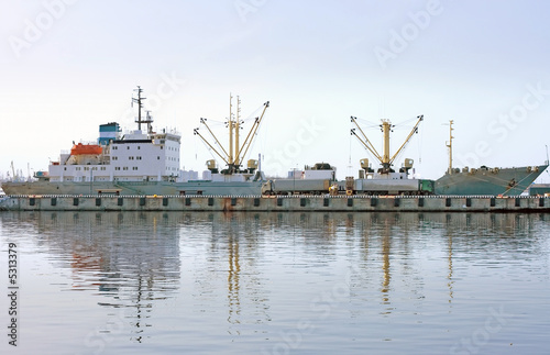  cargo ship docked and loading in port fully reflected in water photo