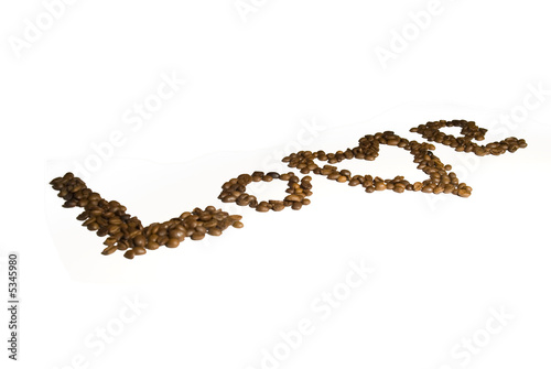 The word "Love" spelled with dark roast coffee beans
